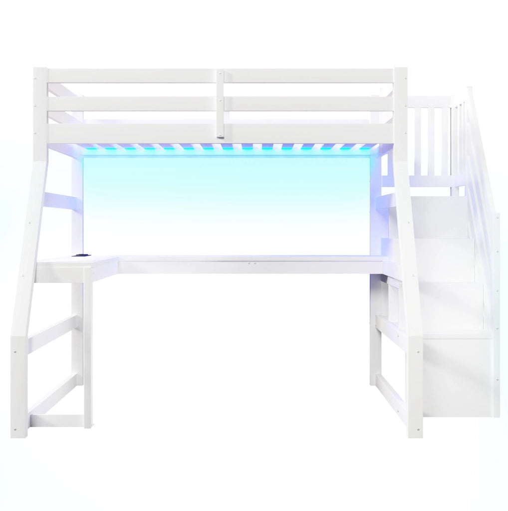 Letto a soppalco 90x200 cm con scrivania; LED e scala contenitore in MDF; pino e compensato bianco