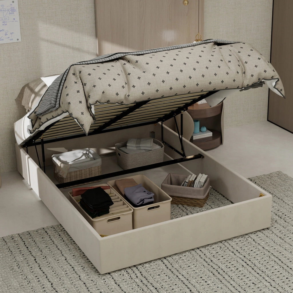 Letto imbottito 140x200 - Xylo - Beige velluto olandese telaio sollevabile
