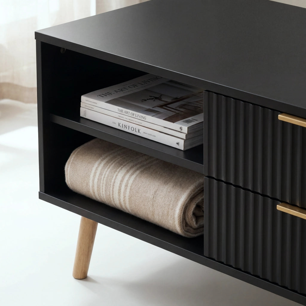 Tavolino da Salotto Nand con 2 Cassetti e 3 Scomparti Aperti 100 x 50 x 45 cm - Nero [en.casa]