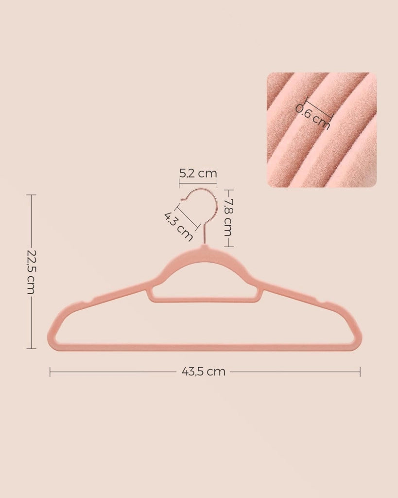 SONGMICS Grucce Vellutate, Set di 60, Grucce Antiscivolo con Gancio Girevole in Colore Oro Rosa, Spessa 0,6 cm, Salvaspazio, Lunga 45 cm per Cappotti, Camicie, Gonne, Pantaloni, Rosa Chiaro CRF021PK60