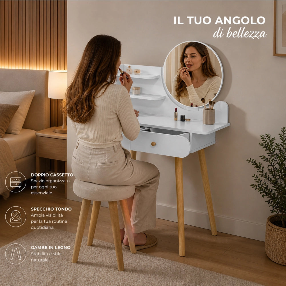 Toeletta Trucco Bianca con Specchio Rotondo Postazione Make Up 80x40x122cm