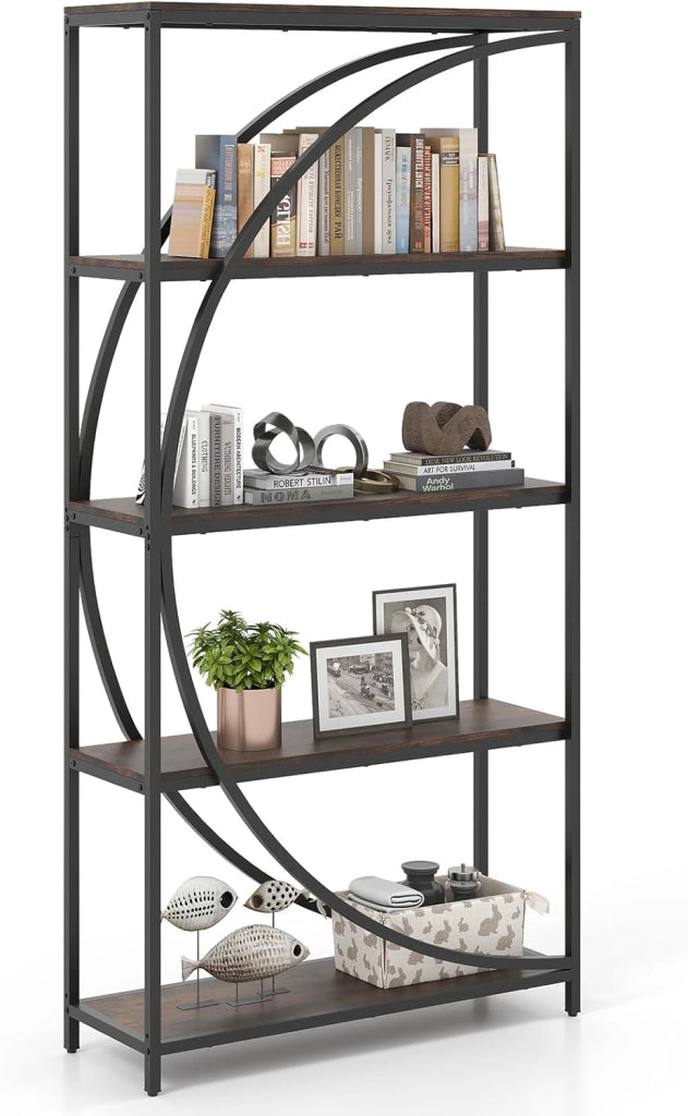 Libreria a 5 Ripiani, Scaffale Alto Indipendente con Design a Mezzaluna, Struttura in Metallo, Libreria da Parete per Soggiorno, Ufficio e Studio, 86 x 30 x 175 cm (Marrone Rustico)
