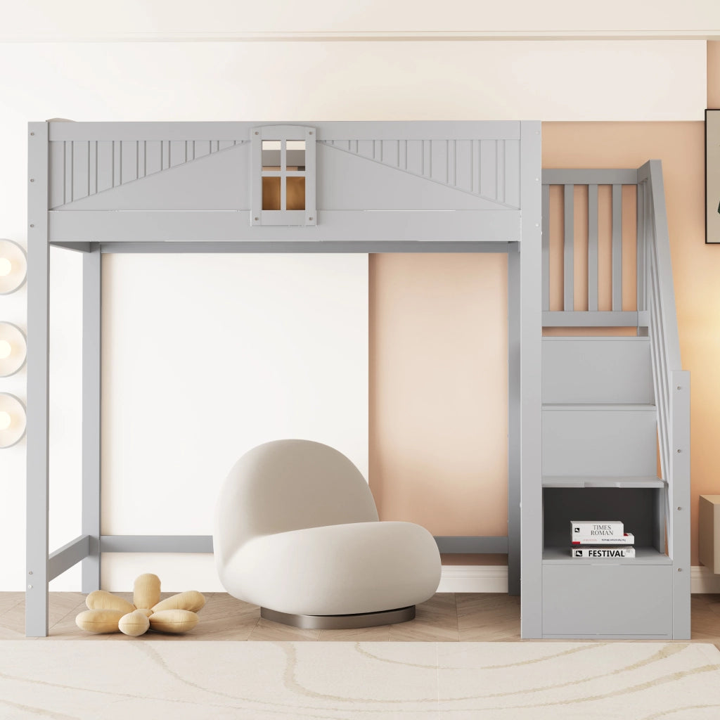Letto a soppalco in legno massello 90 x 200 cm con scala laterale reversibile, vano contenitore integrato e protezione a finestra, grigio
