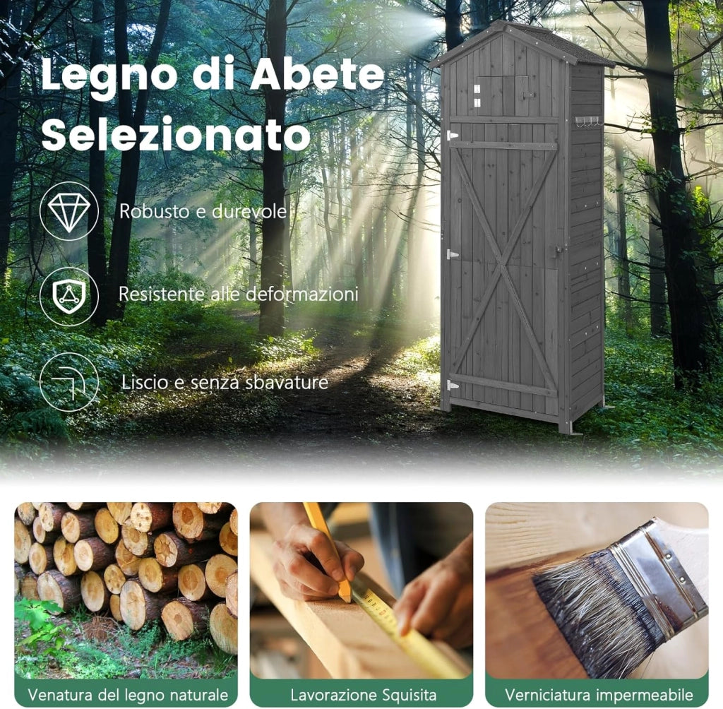 Armadio da Esterno in Legno, Capanno da Giardino con Serratura, Tavolo Pieghevole, Tetto Impermeabile, Ganci, Ripiani Rimovibili e 4 Staffe Metalliche, per Patio, Giardino e Cortile (Grigio)