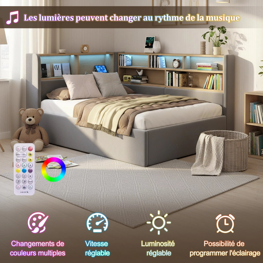 OKWISH Letto a Divano 90×200 cm, Letto Singolo con Contenitore Idraulico, USB, Tipo C e LED Regolabile, senza Materasso, in Velluto, Grigio