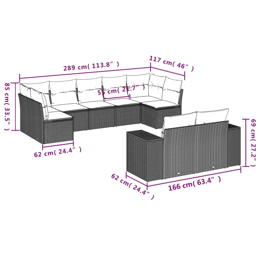 Set Divano da Giardino 9 pz con Cuscini Grigio in Polyrattan 3255357