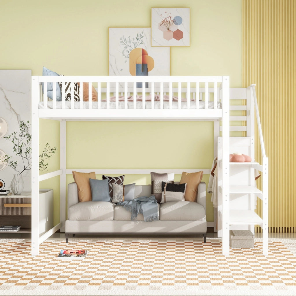 LETTO a soppalco 140x200 cm bianco in legno con scala e armadio