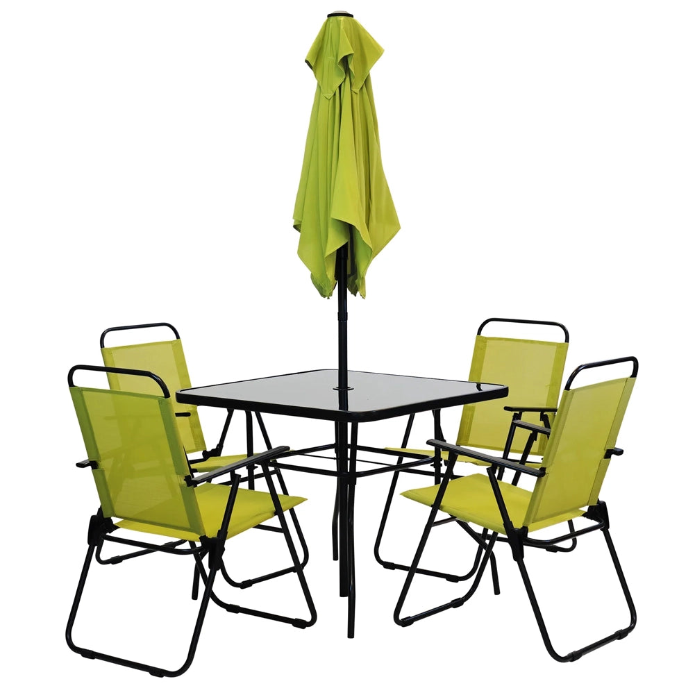 Set da Pranzo 6 Pezzi per Giardino Patio con Ombrellone 4 Sedie Pieghevoli Verde