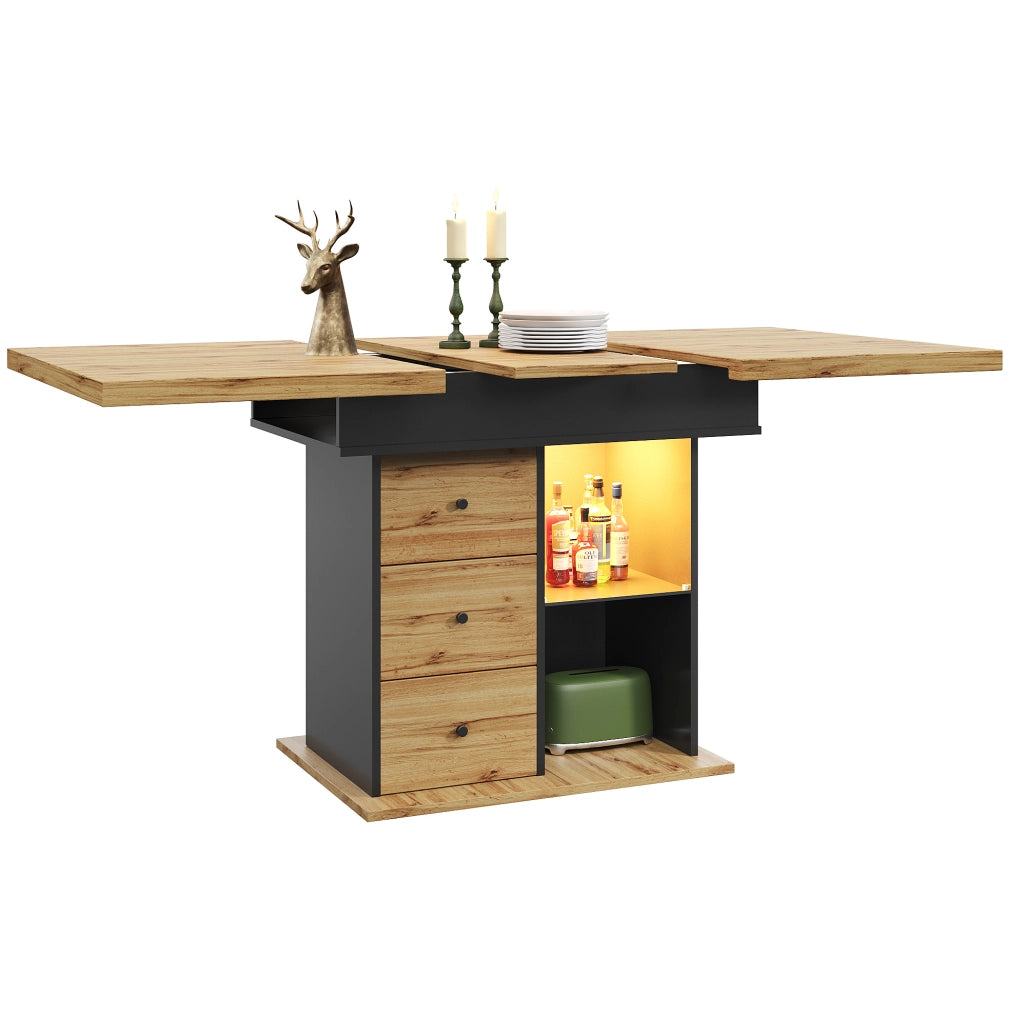 Tavolo allungabile 110-140x80x75 cm con LED e USB; 2 cassetti; MDF nero e naturale