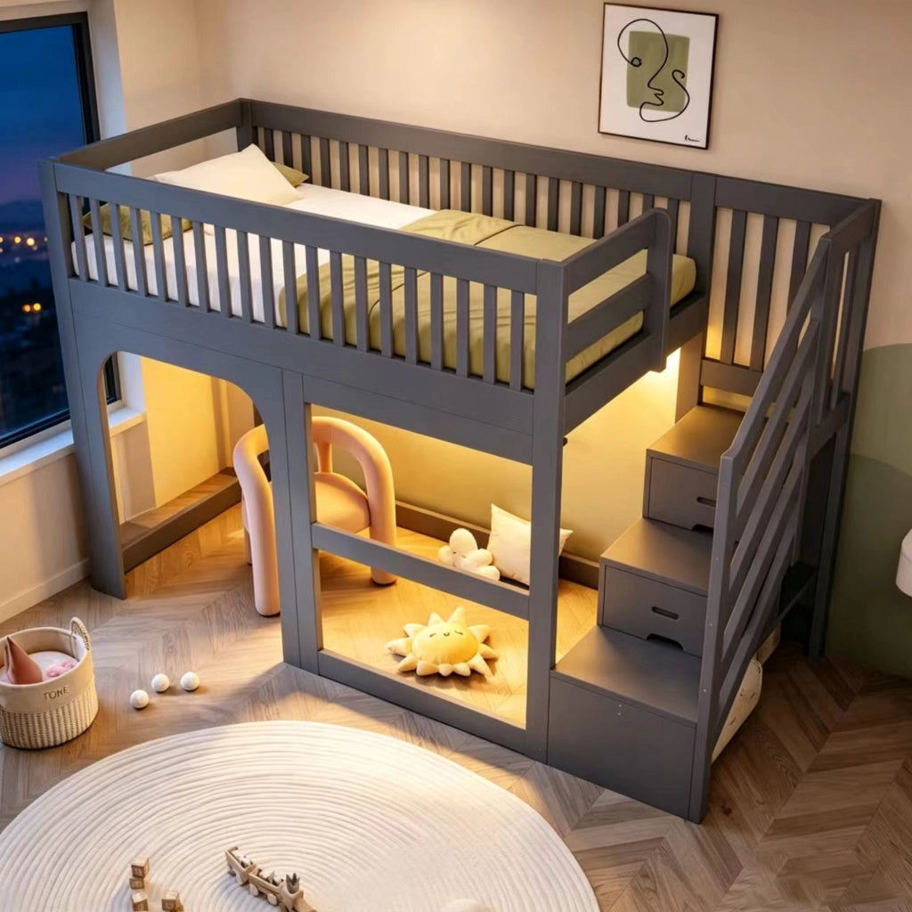 Letto a soppalco singolo 90×200 cm con scala contenitore; LED e sbarre di sicurezza; senza materasso