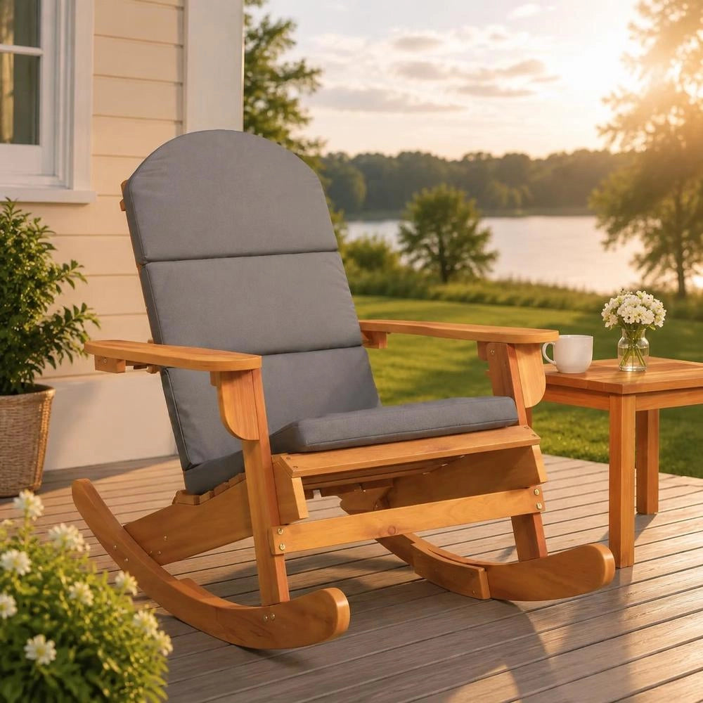 Adirondack Rocking Chair With Cushion, Solid Acacia Wood
