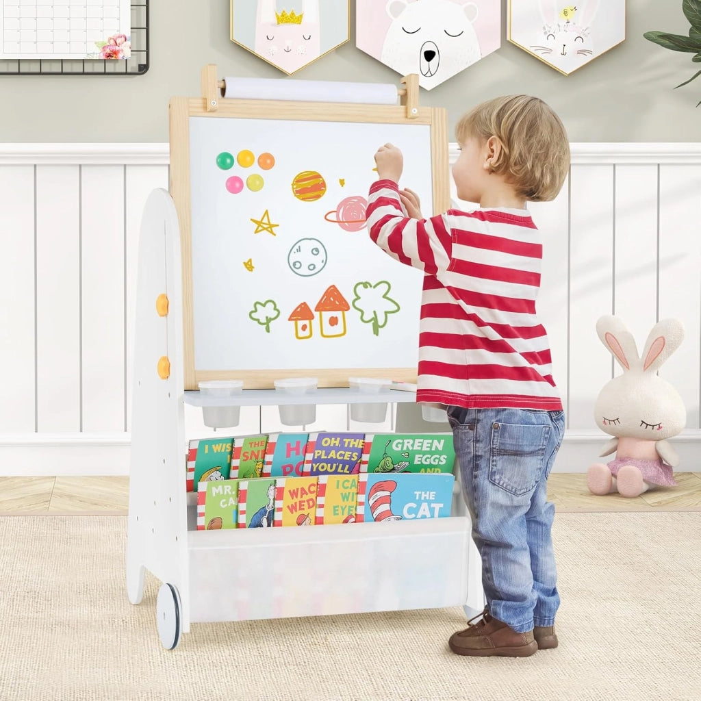 Cavalletto Lavagna per Bambini con Sgabello e Tavolo 4 in 1, Lavagna Magnetica Regolabile in Altezza con Rotolo di Carta e 4 Tazze di Vernice, Cavalletto a Ruote con Gessi e Cancellino