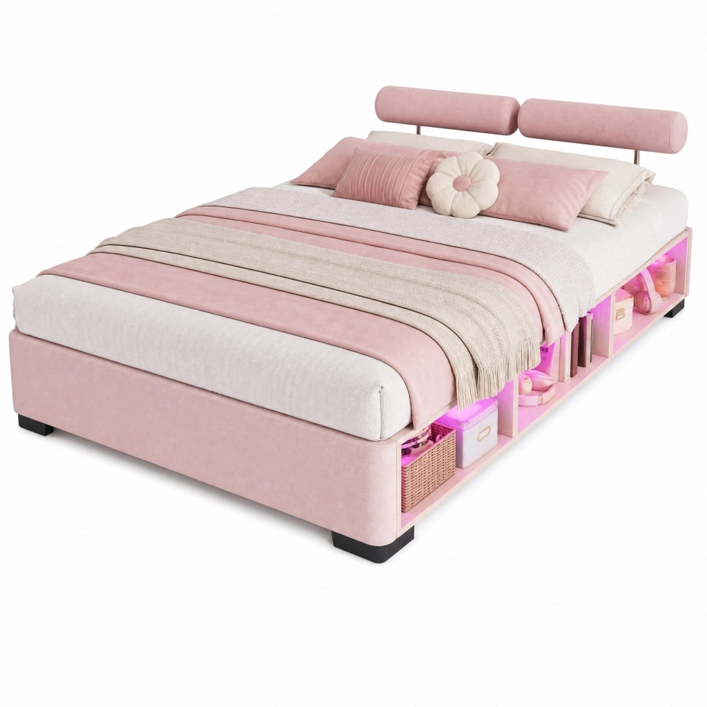 Letto per Bambini 140x200 cm - Vani aperti; LED e Testiere imbottite in Velluto Rosa
