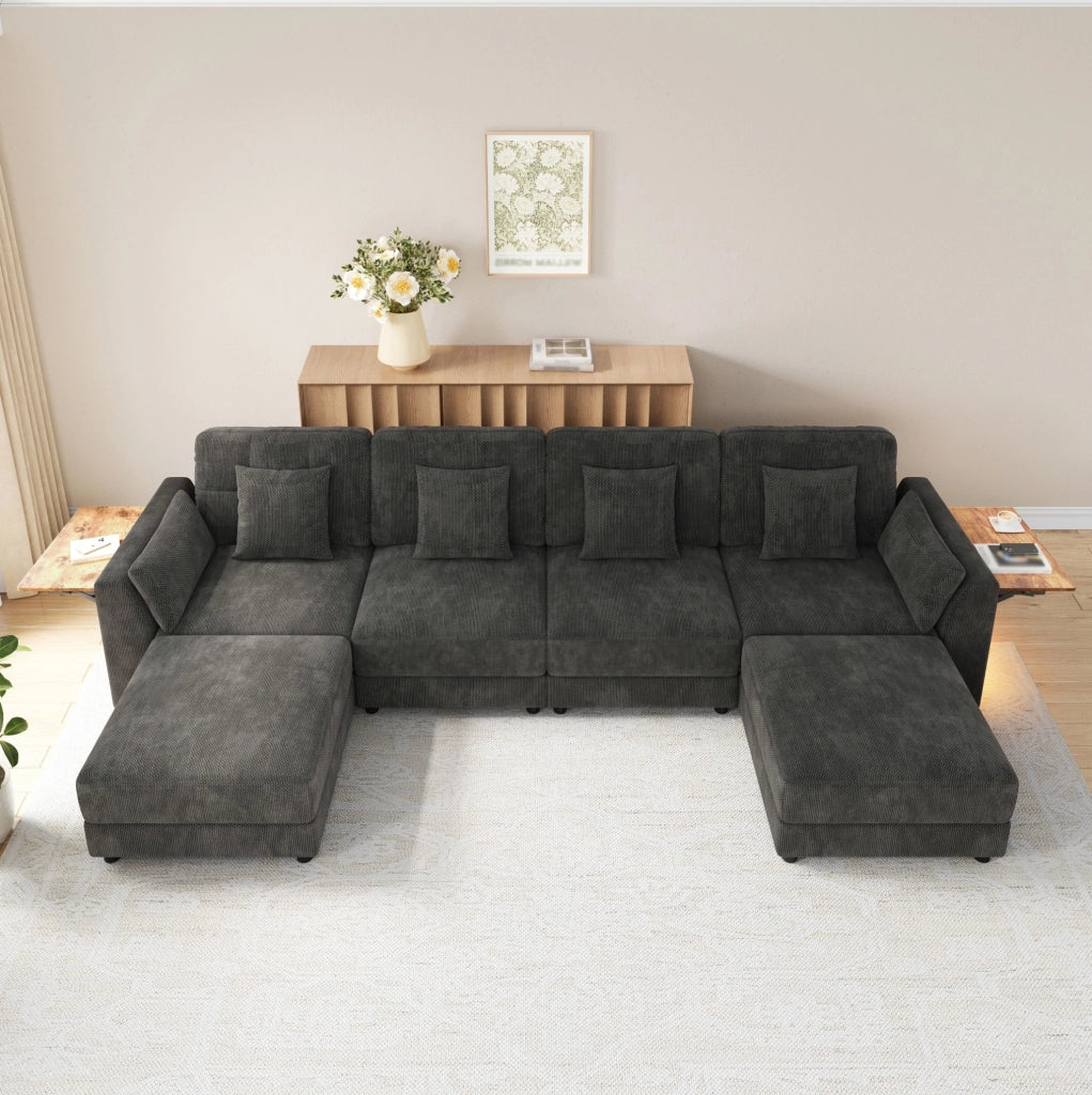 Divano modulare 4 posti con 2 pouf, LED e tavolini grigio