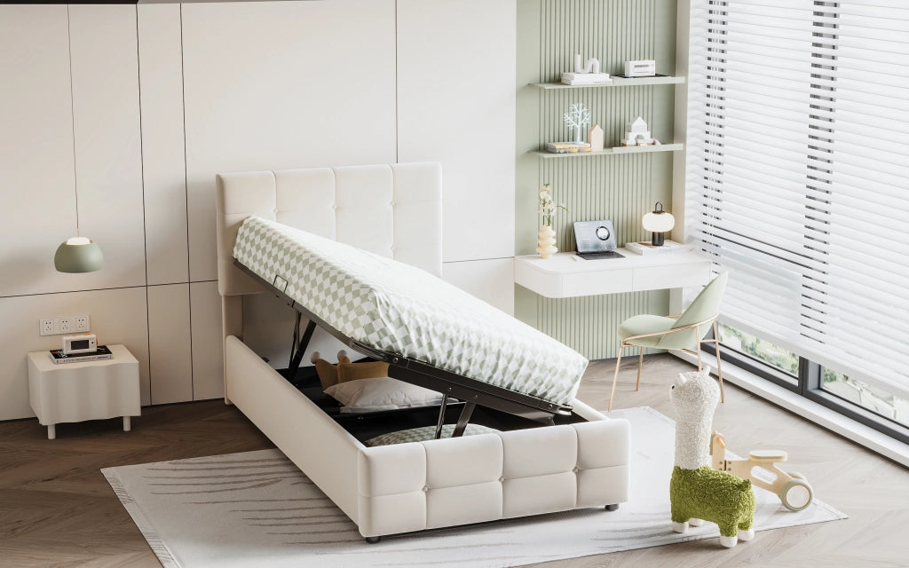 DESMIU Letto per Bambini 1 Piazza con Contenitore e Testiera Regolabile 90 × 200 cm, senza materasso, Beige