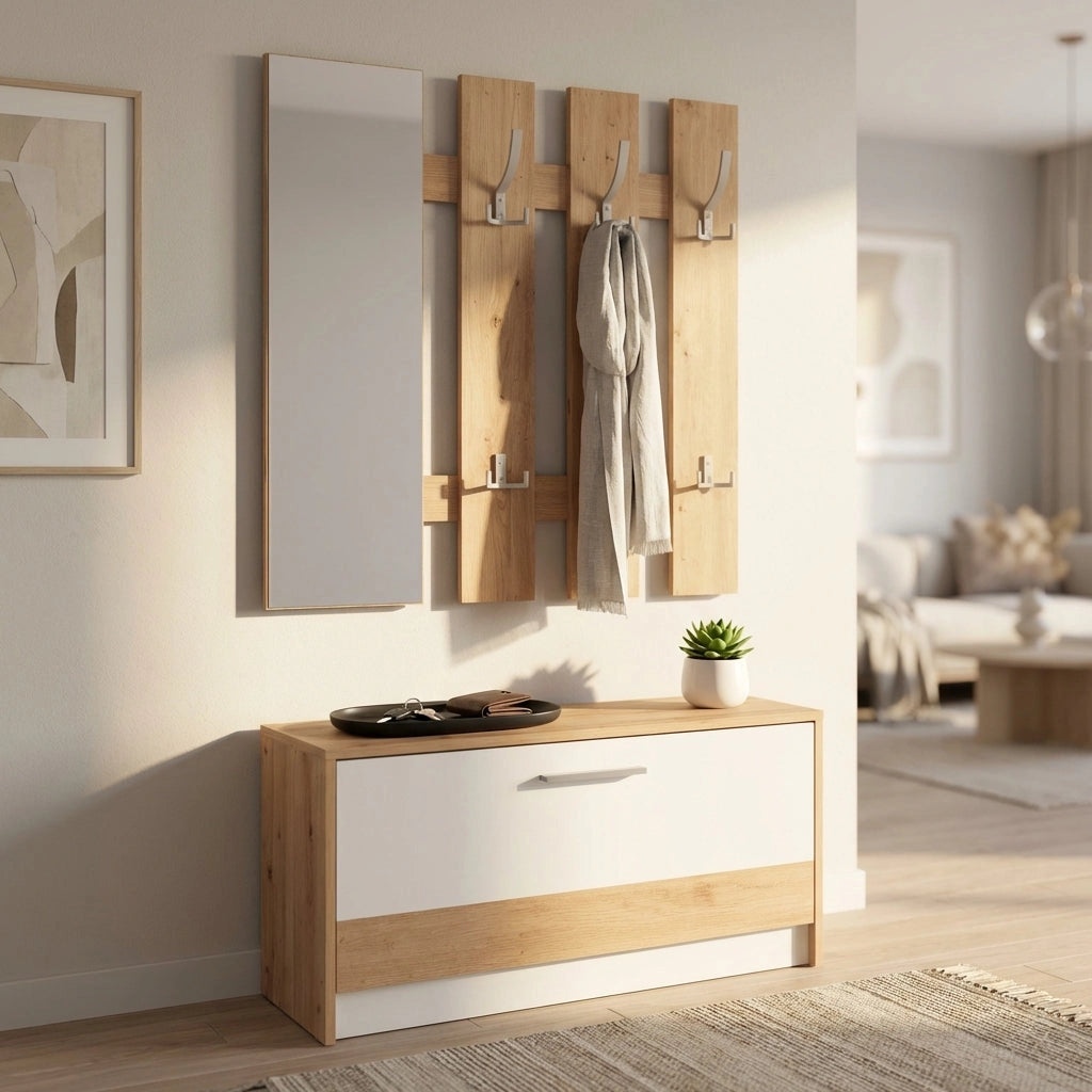 Mobile ingresso appendiabiti moderno con specchio e scarpiera - WOODWAVE