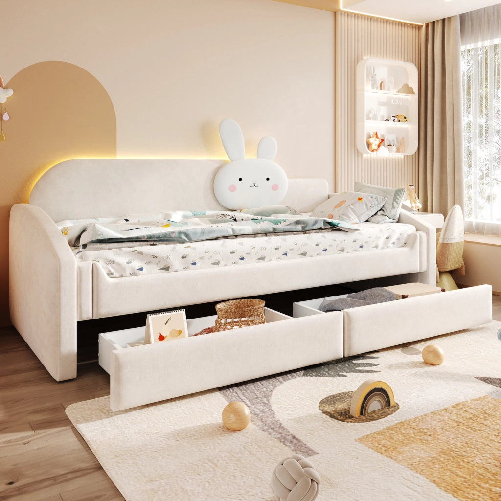 LETTO SOFA 90x200 cm in velluto beige con LED e 2 cassetti