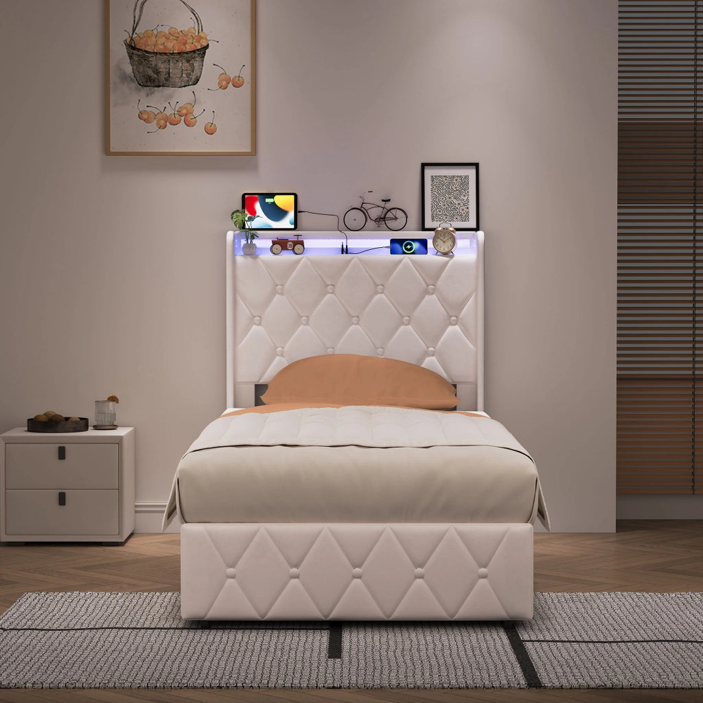 Letto singolo 90x200 cm con contenitore LED USB testiera imbottita mensole rete a doghe metallo legno velluto - beige