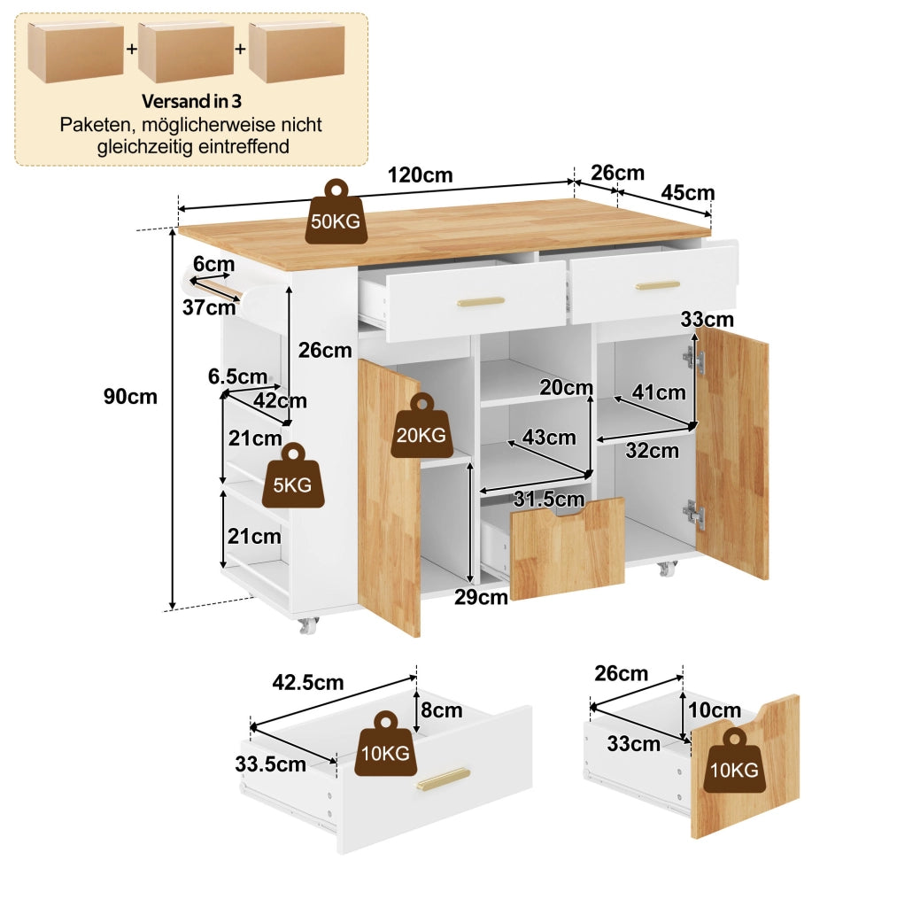 Isola da cucina mobile con piano pieghevole e cassetti