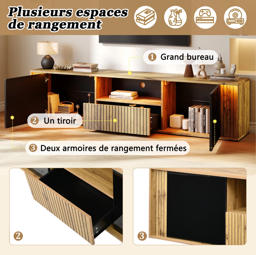Mobile TV ULEVR 180x40x51 cm con LED Bluetooth, 2 ante e cassetto, nero e legno naturale