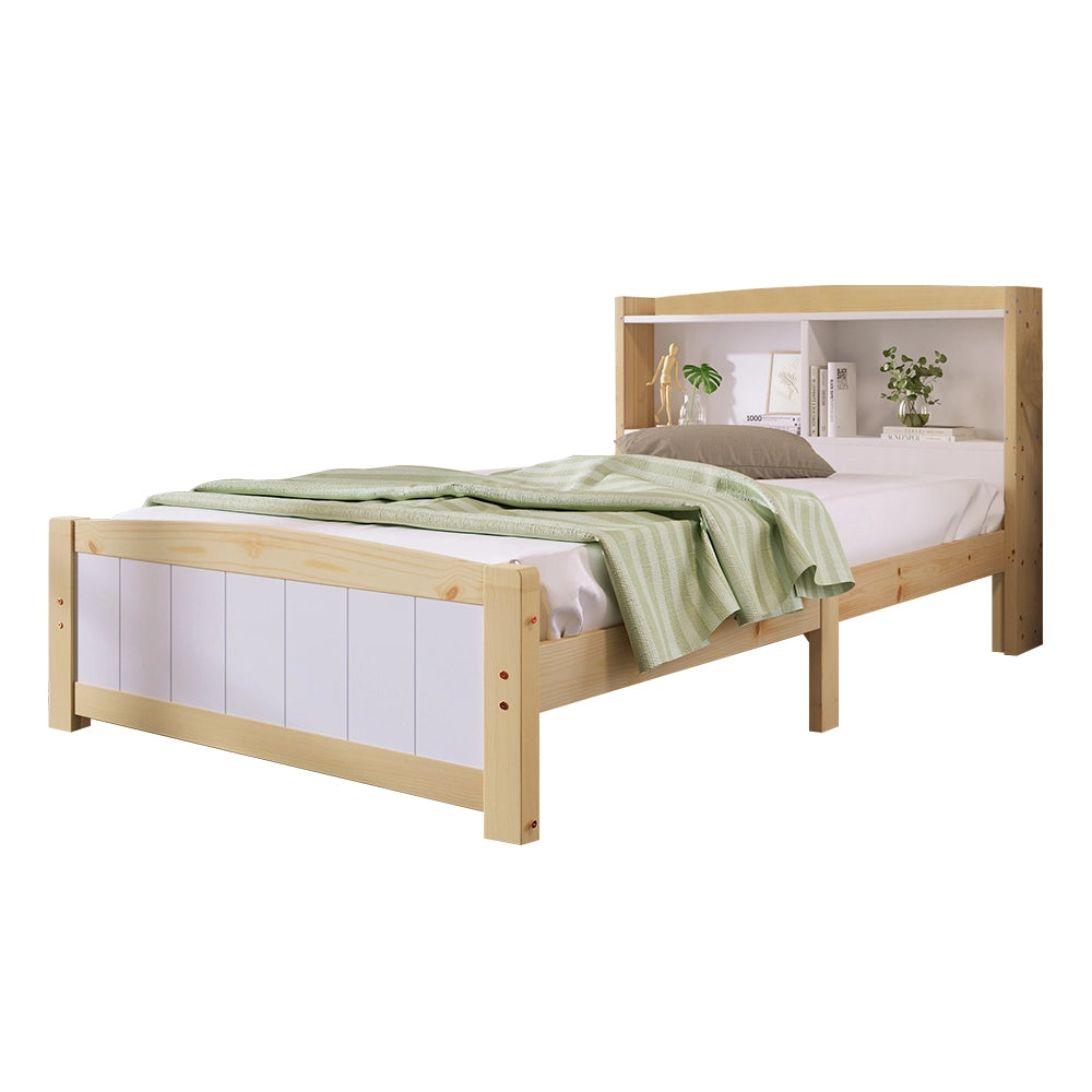 Letto singolo 90x200 cm; testiera contenitore; legno; bianco (Senza materasso)