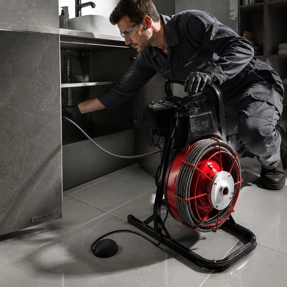 Pipe Cleaning Machine Φ10.5 Mm X 23 M, Cleaning Spiral With Manual Feed, 4 Cutting Blades & Pneumatic Foot Switch, Cleaner For Pipes From 50 Mm To 100 Mm, Pipe Cleaning Device