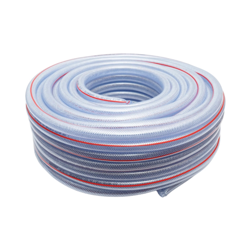 Tubo da giardino in PVC trasparente 3/4 pollici (19 mm), PN6 bar, 19x25 mm con inserto tessile intrecciato 50 m/rotolo USO INTENSIVO