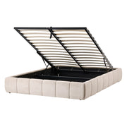 Letto in tessuto beige chiaro imbottito e trapuntato con rete a doghe 140x200 cm ribaltabile contenitore imbottito moderno letto matrimoniale