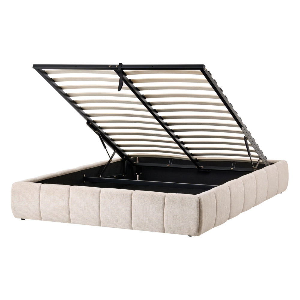 Letto in tessuto beige chiaro imbottito e trapuntato con rete a doghe 140x200 cm ribaltabile contenitore imbottito moderno letto matrimoniale