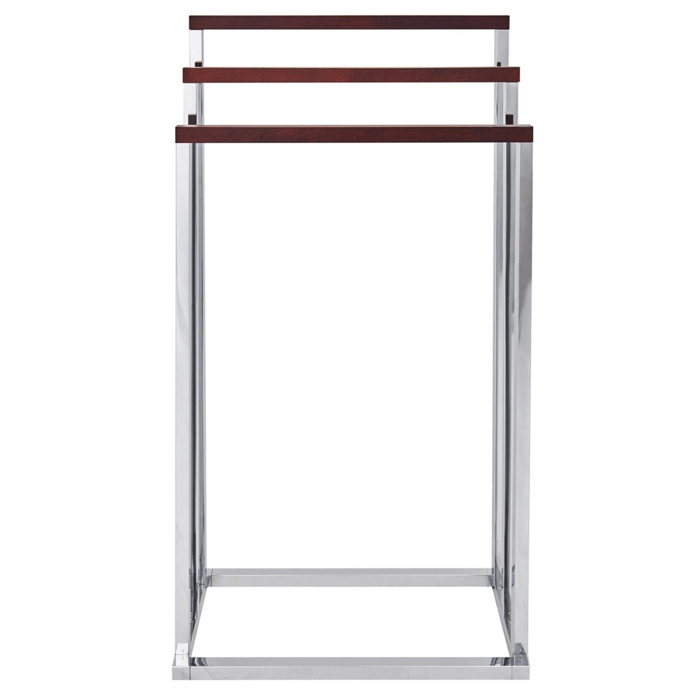 Porta Asciugamani Argento Lucido e Legno Scuro Acciaio 3 Binari Accessori Bagno Portasciugamani da Terra Design Moderno
