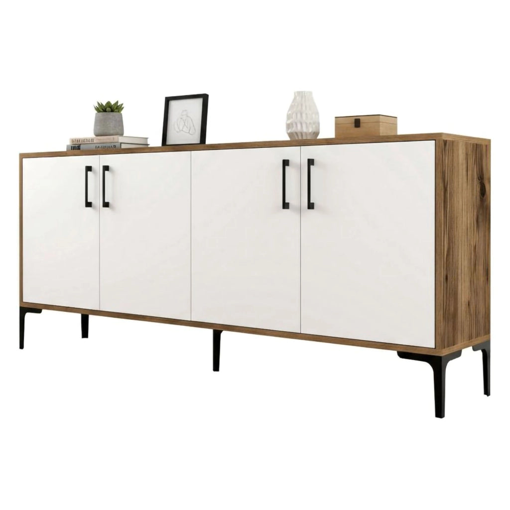Credenza Agape, Buffet da soggiorno, Madia da salotto, Dispensa da cucina, 180x35h78 cm, Noce e Bianco