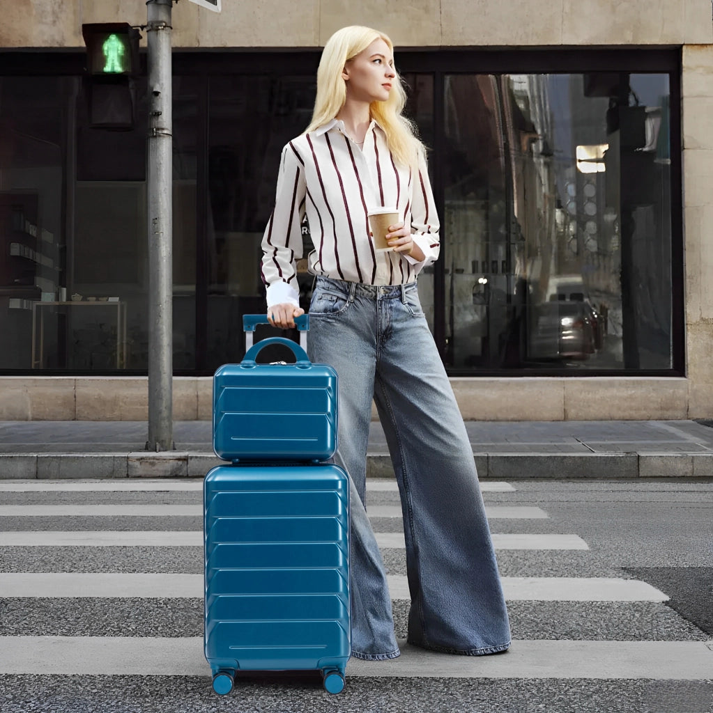 Set Valigie Rigide ABS 14" + 19" con Trolley, Lucchetto a Combinazione e Borsa Cosmetici Blu Scuro