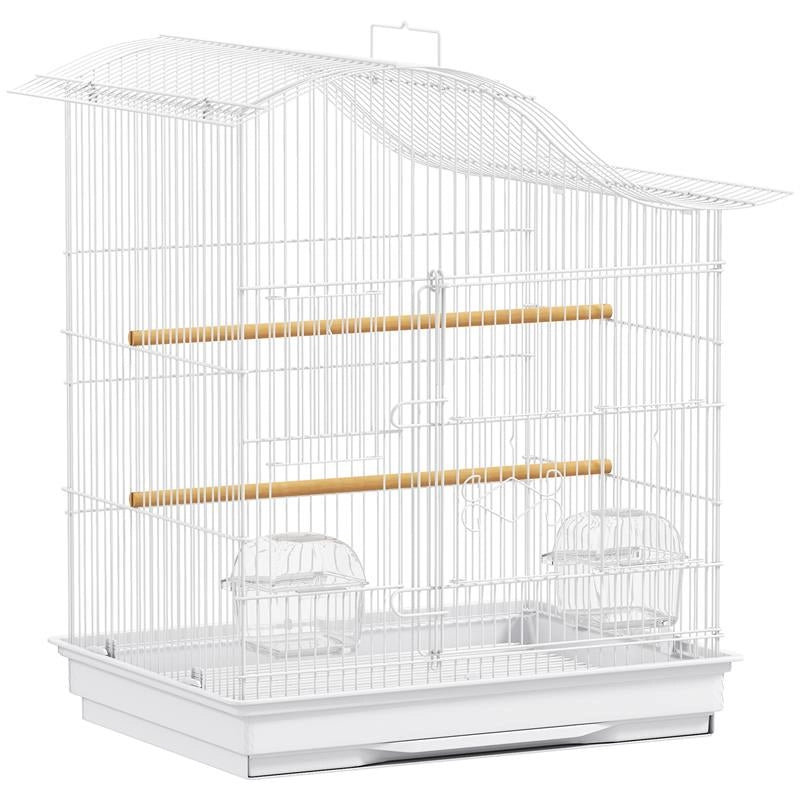 GABBIA PER UCCELLI A 4 PORTE CON 2 CIOTOLE, 2 POSATOI E VASSOIO, IN METALLO E PLASTICA, 47.5X36X54.5 CM, BIANCO