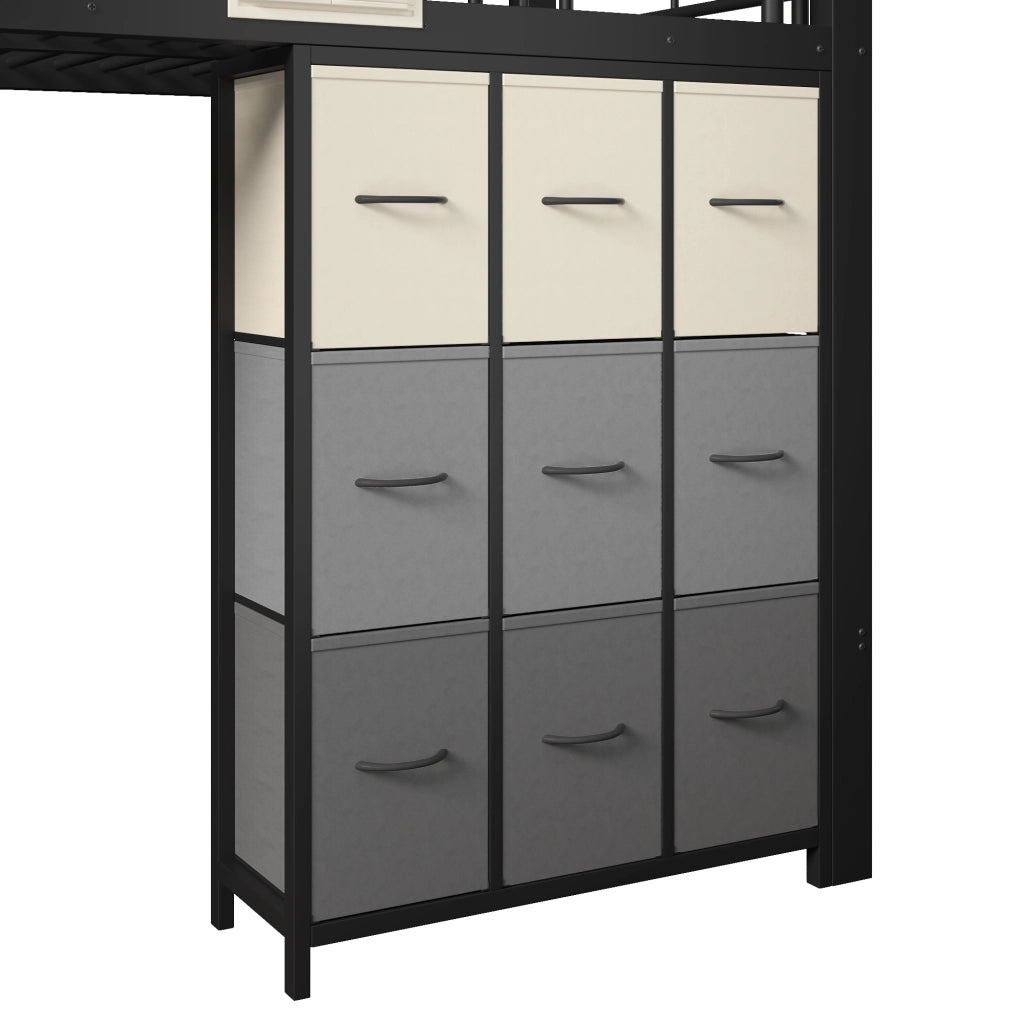 Letto a soppalco 90 × 200 cm con scala contenitore; cassetti; appendiabiti e barriera in metallo e MDF nero