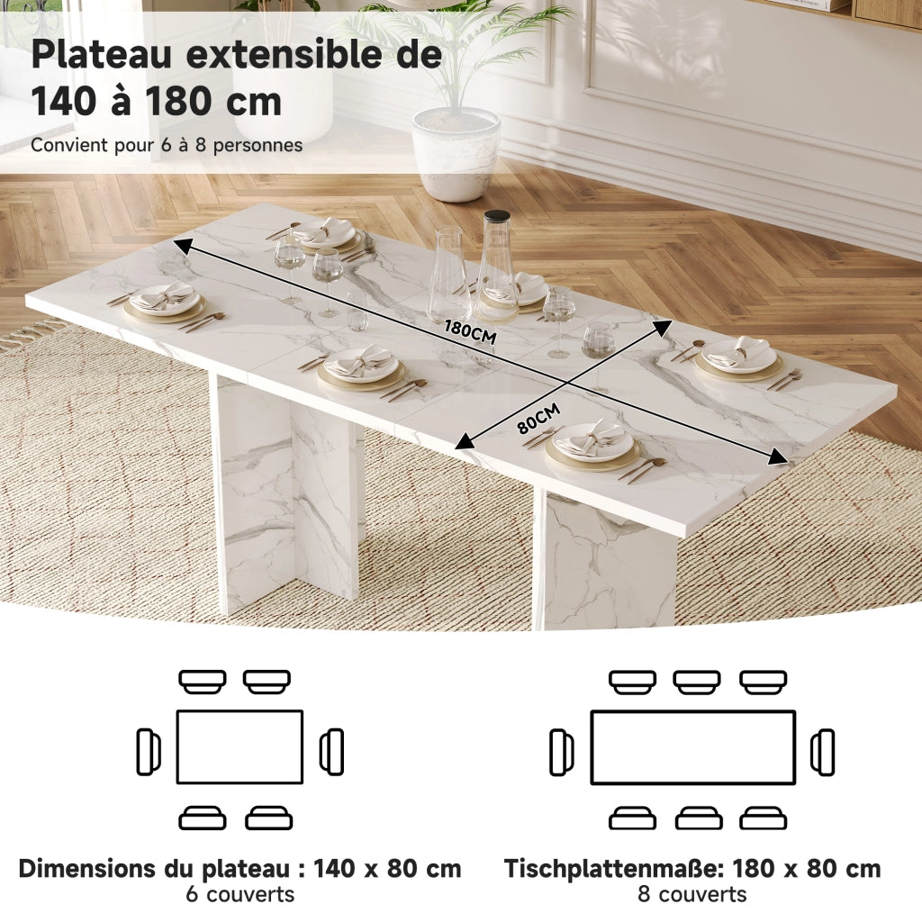 Tavolo da pranzo allungabile per 6-8 persone con piano spesso e gambe a t, per cucina e soggiorno, bianco marmo