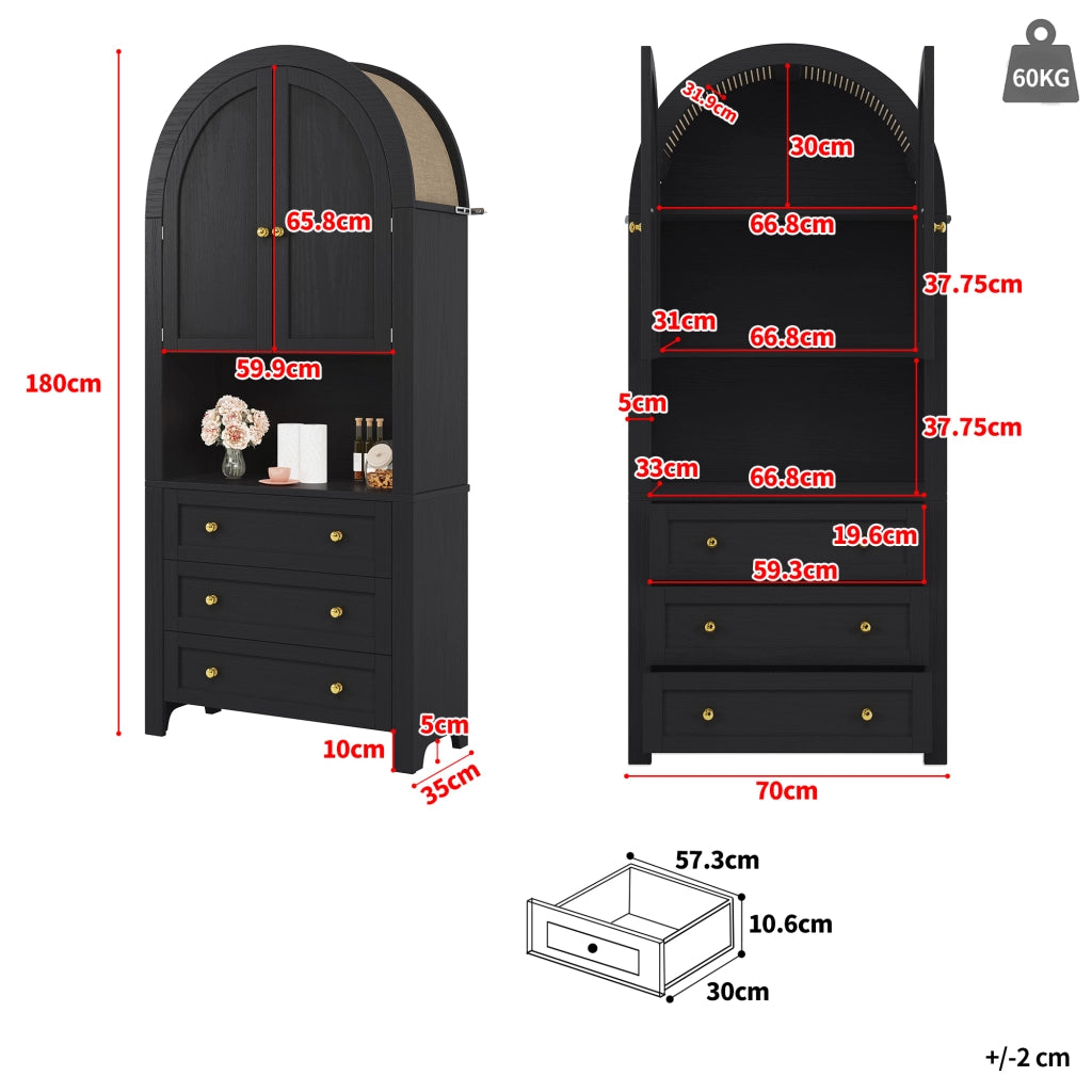 ARMADIO Alto con 3 Cassetti e Ante 70x35x180 cm Nero MDF