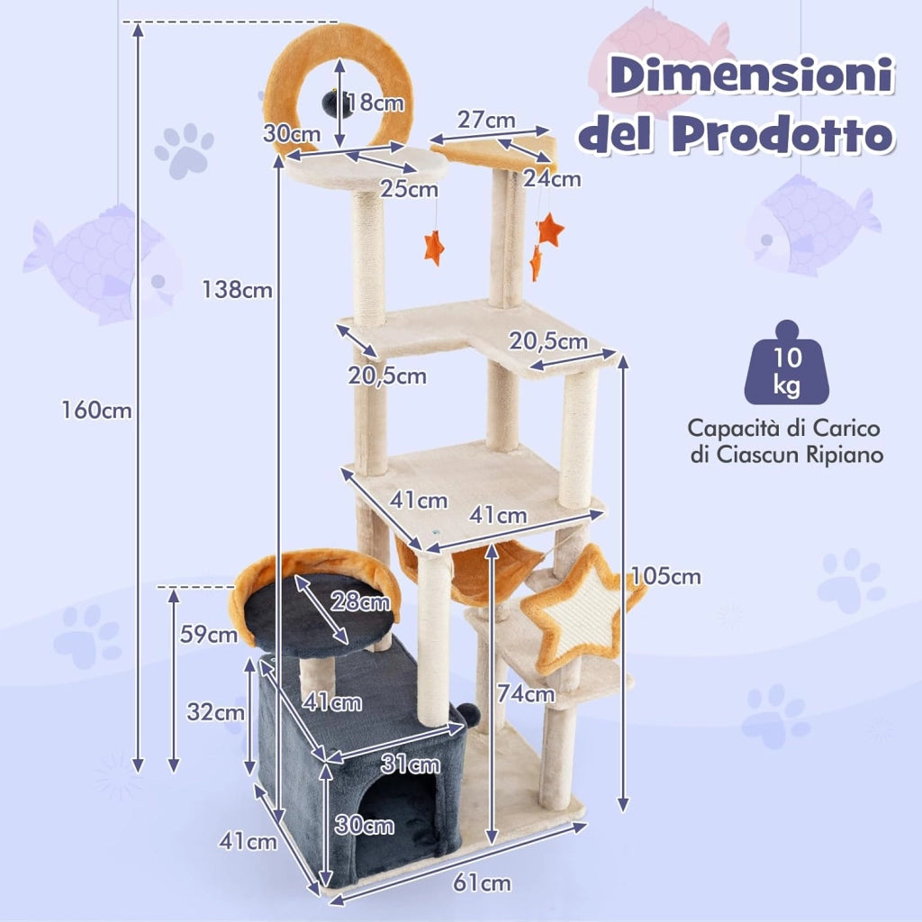 Albero per Gatti da Interno da 160 cm, Albero Tiragraffi con Pali e Tavole da Graffio in Sisal, Condominio, Trespolo in Peluche, Piattaforme, Giocattoli Appesi e Palla a Molla