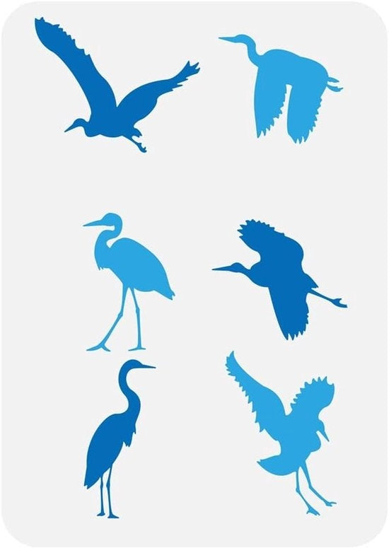 Scheda stencil per pittura di uccelli volanti e in piedi, dimensioni 21 x 297 cm, riutilizzabile e tema animale.