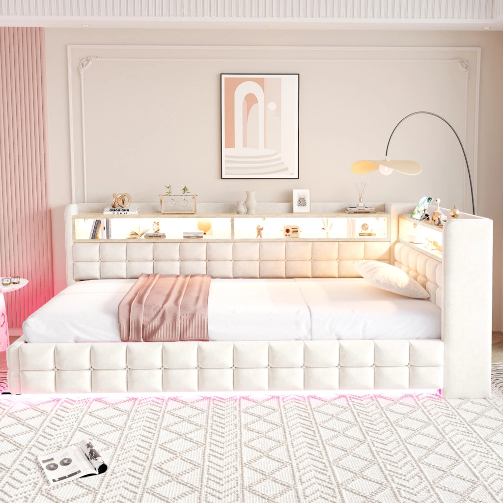 Letto singolo imbottito 90x200 cm con contenitore idraulico; LED e prese; beige
