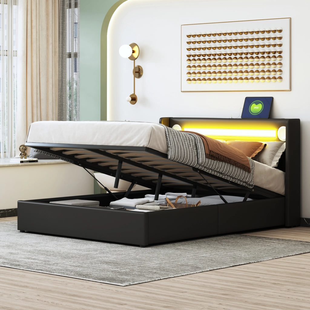 Letto Contenitore Imbottito con LED 140x200 ¨C MINIMAL ¨C Similpelle Nero, Rete a Doghe