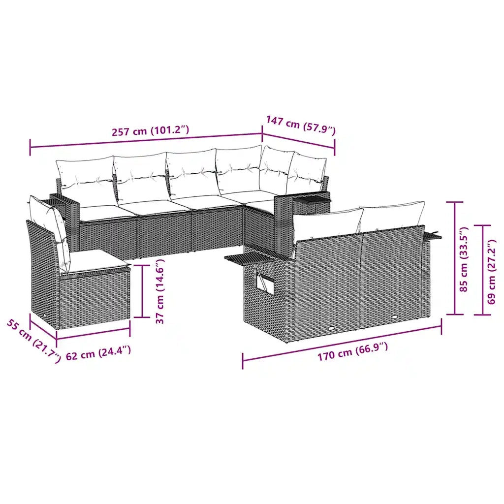 Set Divani da Giardino 8 pz con Cuscini Marrone in Polyrattan 3252780
