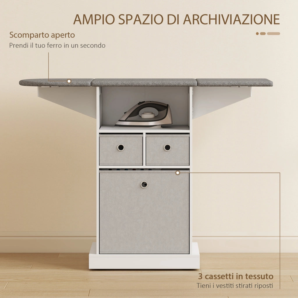 Mobile Asse da Stiro Pieghevole con 3 Cassetti ¨C zephmum ¨C Bianco Grigio 121x37x90 cm
