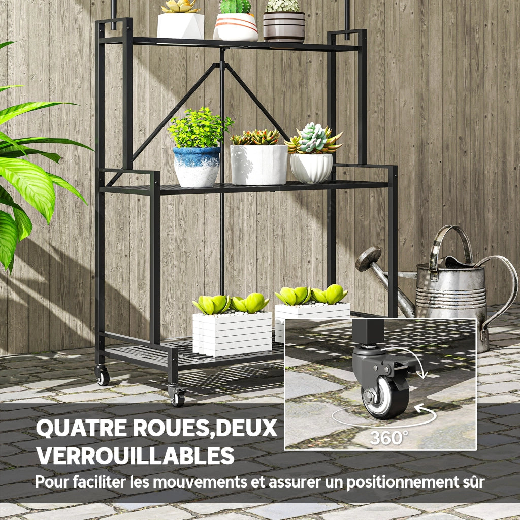Supporto Piante a 3 Livelli Pieghevole con Ruote e 4 Ganci ¨C Zephmum ¨C Nero, Metallo, 84x40.5x174cm