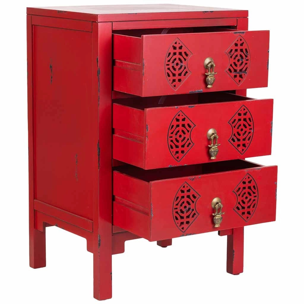 Mesita de madera con 3 cajones rojo 45x36x70