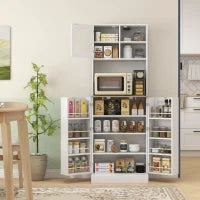 Dispensa da Cucina Porta Microonde con Ripiani Aperti e Armadietto con Portaspezie, 60x35x169 cm, Bianco