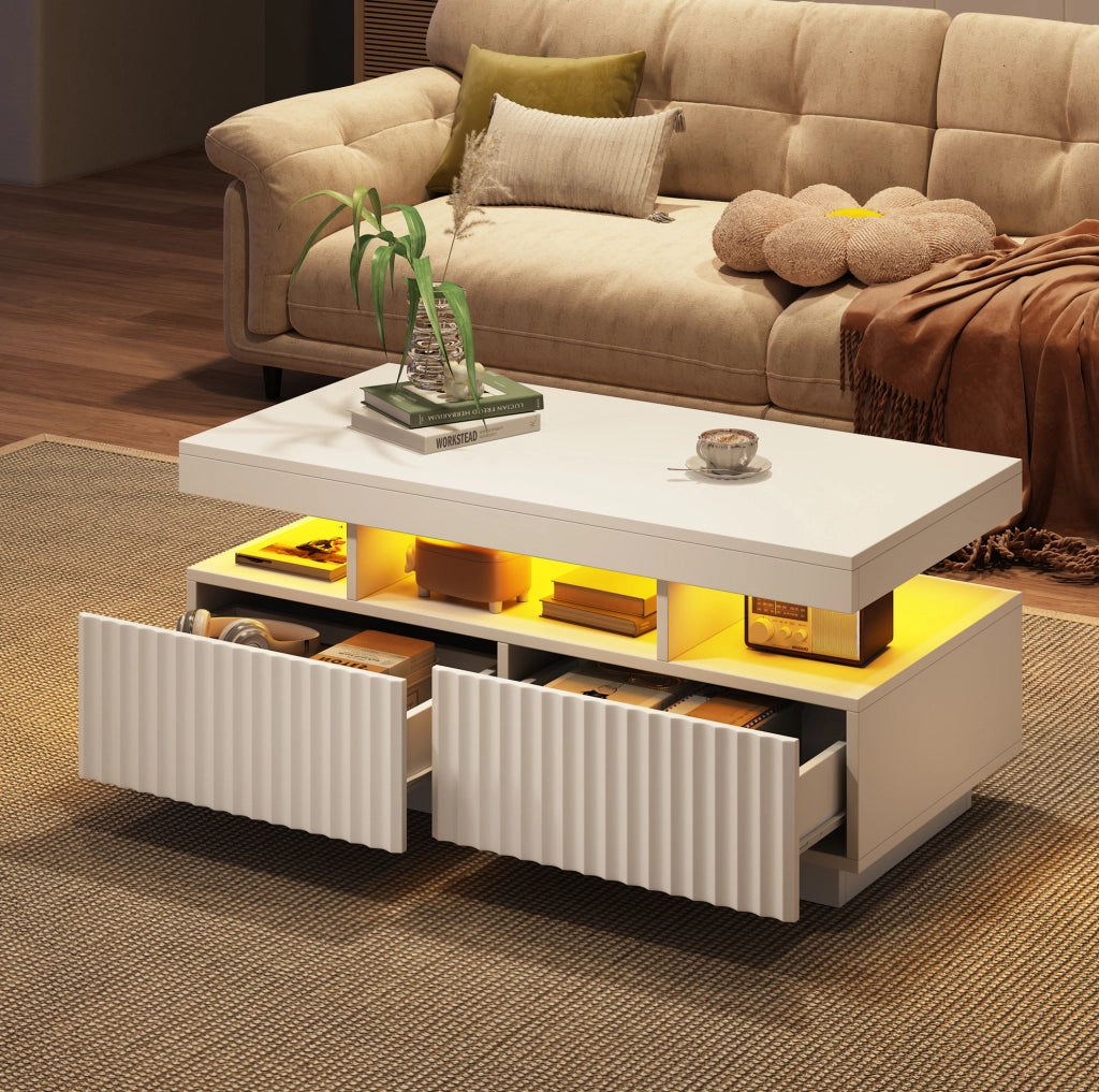 Tavolino da caffè 100x50x45 cm con 2 cassetti; luce LED controllata da app; truciolare; bianco