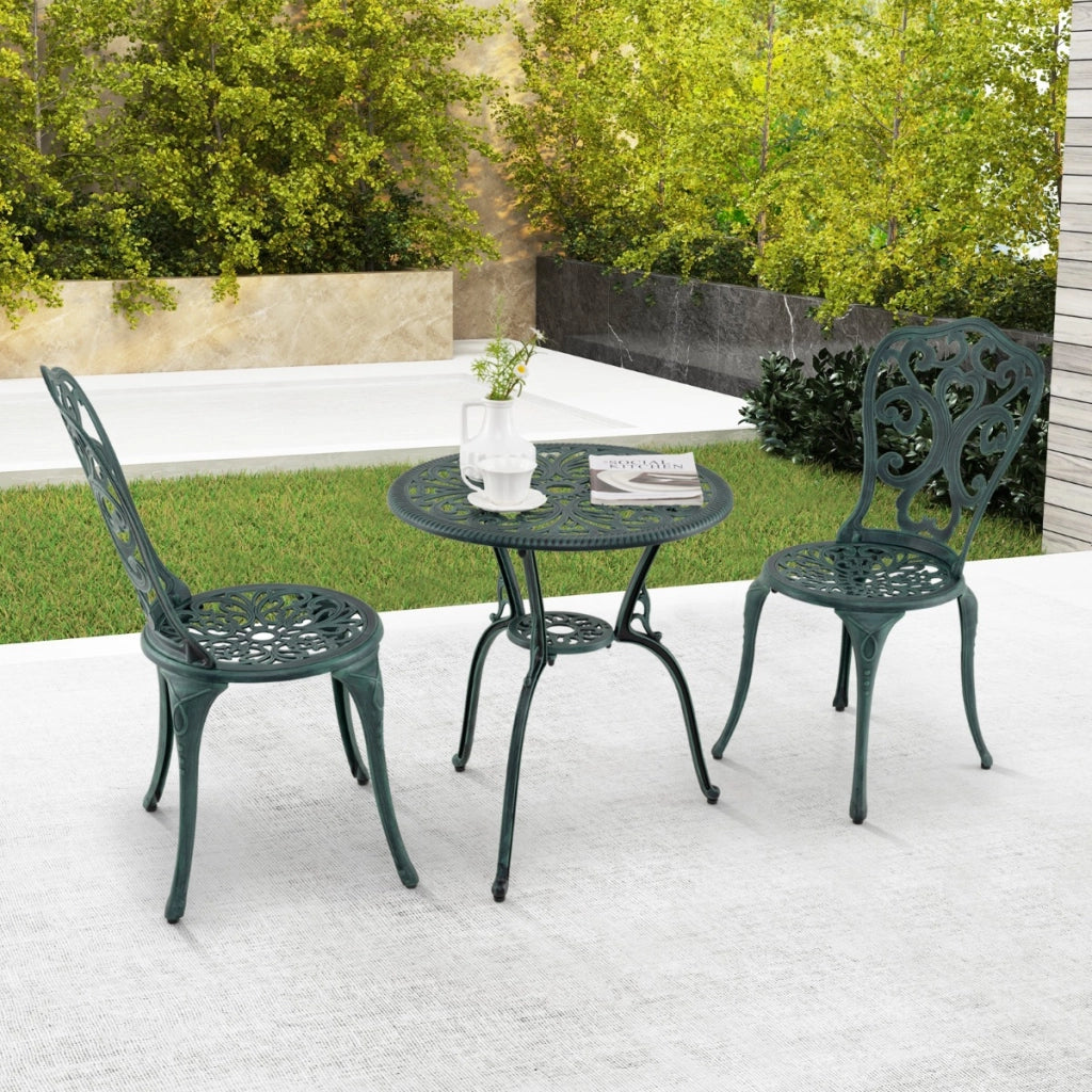 Sedie e tavolo in alluminio fuso resistente a tutti i tempi con foro per ombrello, Sedie e tavolo da patio a 3 pezzi Verde-Set mobili da esterno