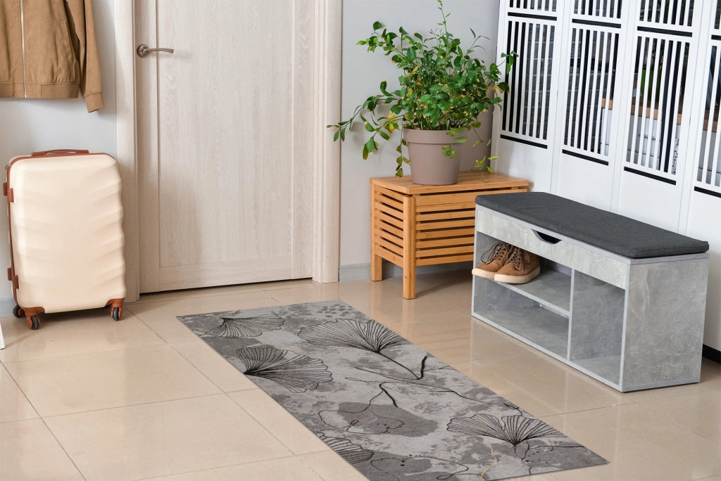 Tappeto Arredo Moderno Morbido in Ciniglia Ingresso Antiscivolo Prodotto Italiano  Soggiorno Camera Salotto Disegni Piazzati Cotone Varie Misure Grande Ginko/Perla - 115x175 cm