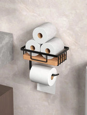 Supporto per il water con pannello e cassetto di stoccaggio – Autoadesivo senza foratura – Pannello in legno massello e struttura metallica – Installazione a parete in bagno – Nero o bianco – 19,5 × 12 × 6 cm