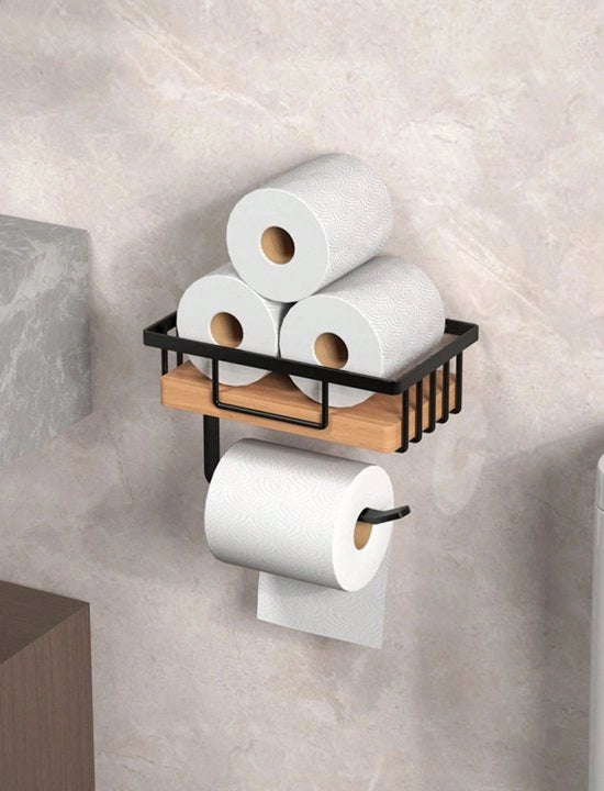 Supporto per il water con pannello e cassetto di stoccaggio – Autoadesivo senza foratura – Pannello in legno massello e struttura metallica – Installazione a parete in bagno – Nero o bianco – 19,5 × 12 × 6 cm